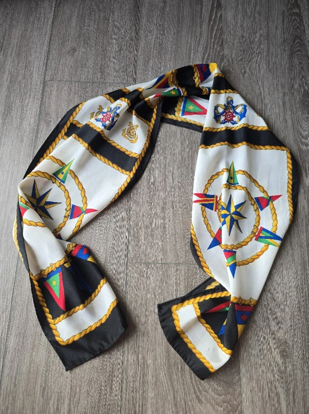 Vintage Nautical Scarf Long Black Gold Anchor Compass Rope Signal Flag Print